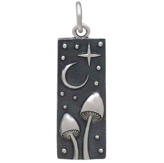 Sterling Silver Rectangle Mushrooms and Moon Charm 26x8mm