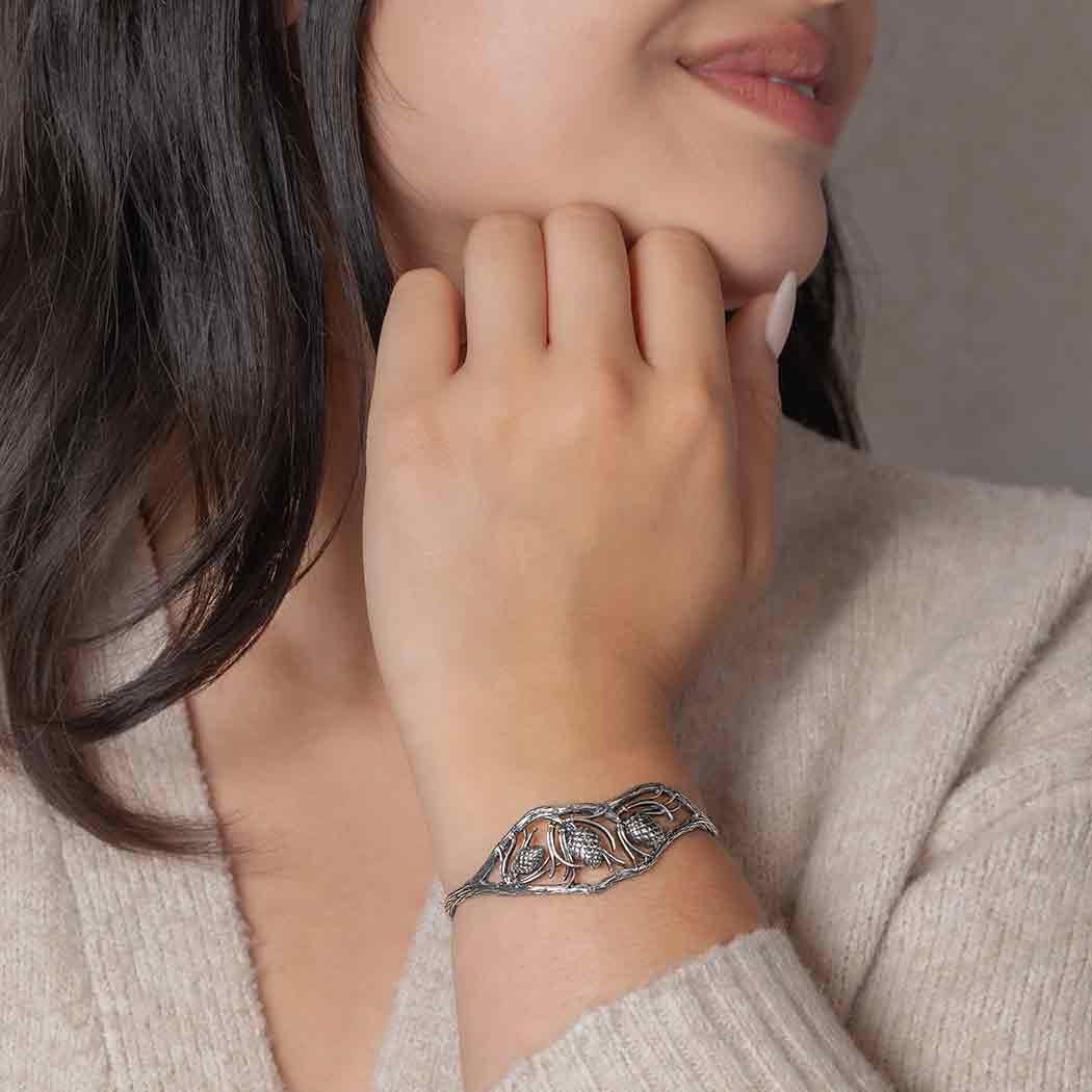 Sterling Silver Pinecone and Pineneedle Bracelet 53x64mm