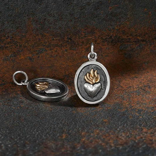 Mixed Metal Shadow Box Charm with Flaming Heart 19x11mm