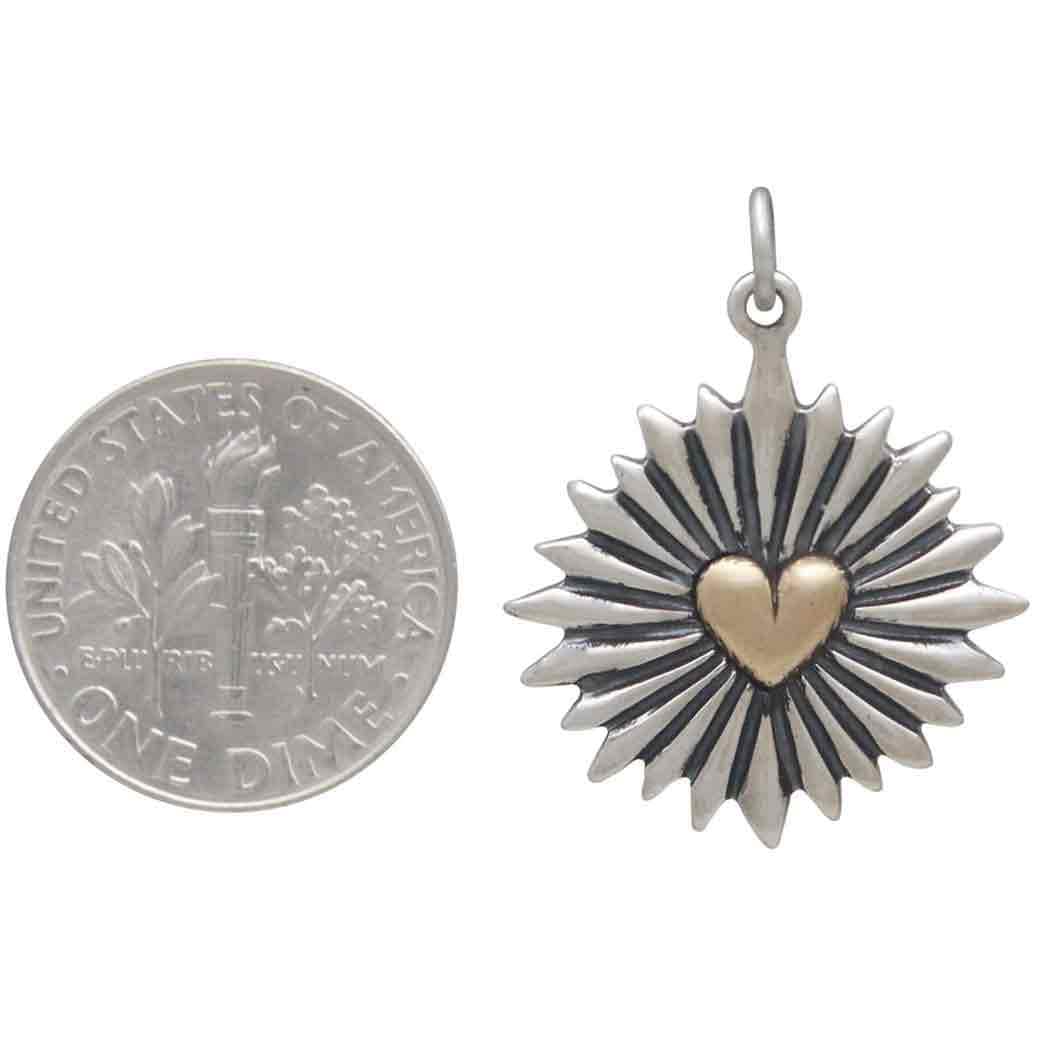 Large Mixed Metal Heart Pendant with Sunrays 27x21mm