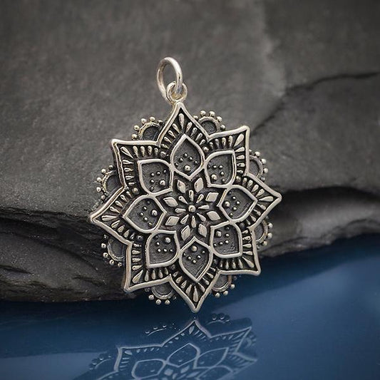 Sterling Silver Medium Lotus Mandala Pendant 32x25mm