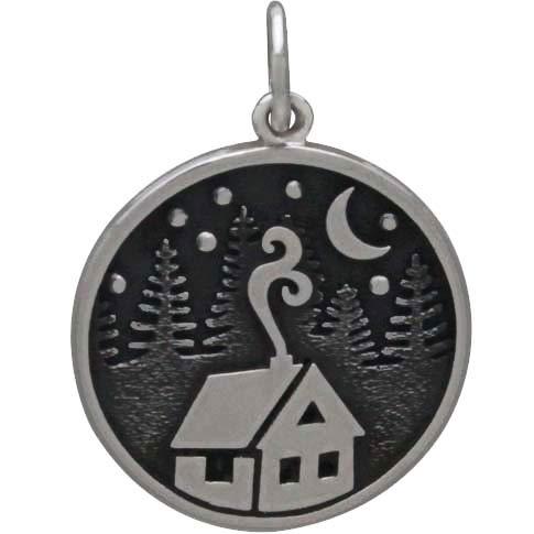 Sterling Silver Cabin Charm with Trees and Moon 21x15mm