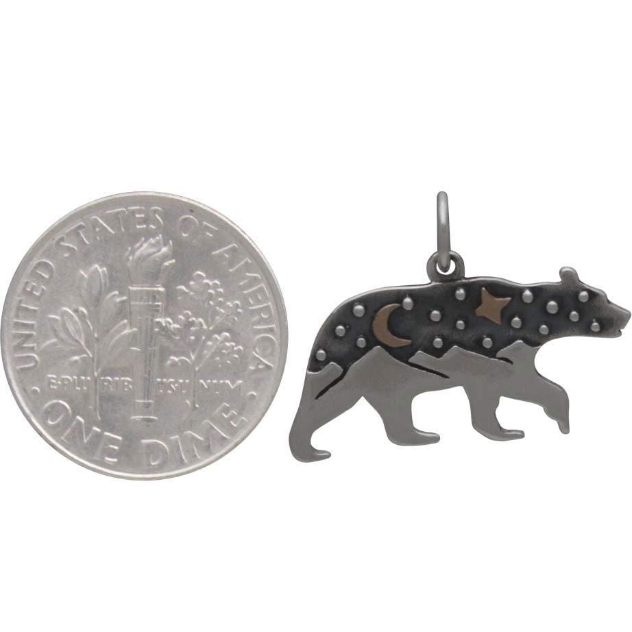 Silver Bear Charm with Mountains and Bronze Moon 16x22mm