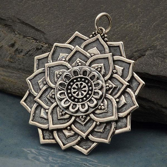 Sterling Silver Lotus Mandala Pendant 34x29mm