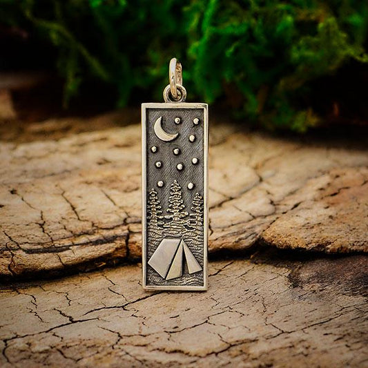 Sterling Silver Rectangle Camping Charm with Tent 28x8mm