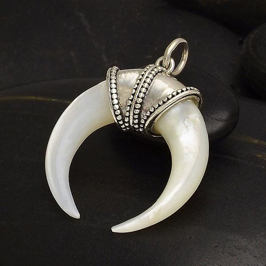 Hand Carved Mother of Pearl Horn Pendant with Bail 26x12mm