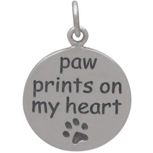 Silver Message Pendant - Paw Prints on my Heart 22x15mm