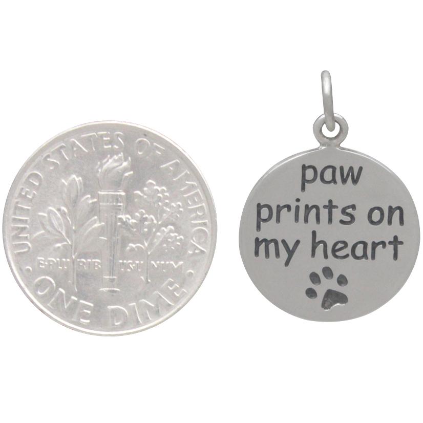 Silver Message Pendant - Paw Prints on my Heart 22x15mm