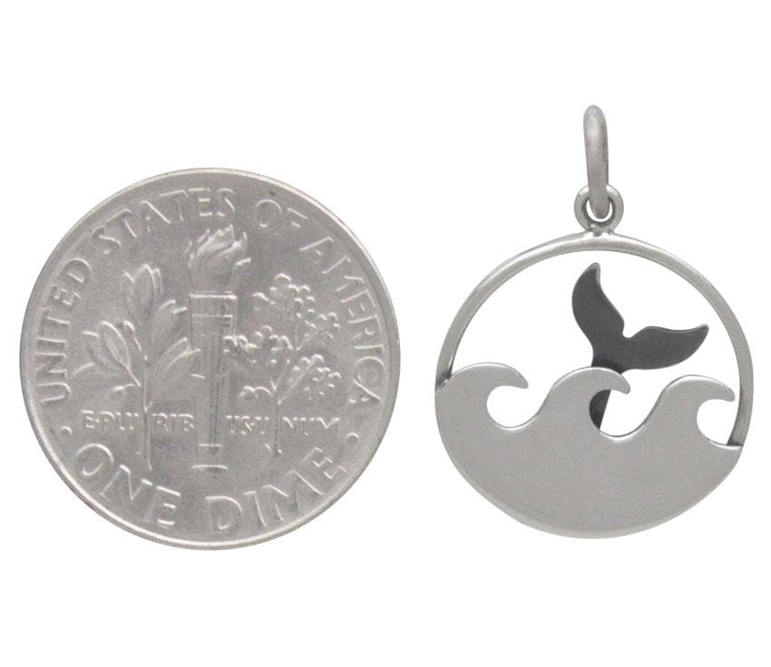Sterling Silver Whale Tail and Ocean Waves Charm 21x15mm