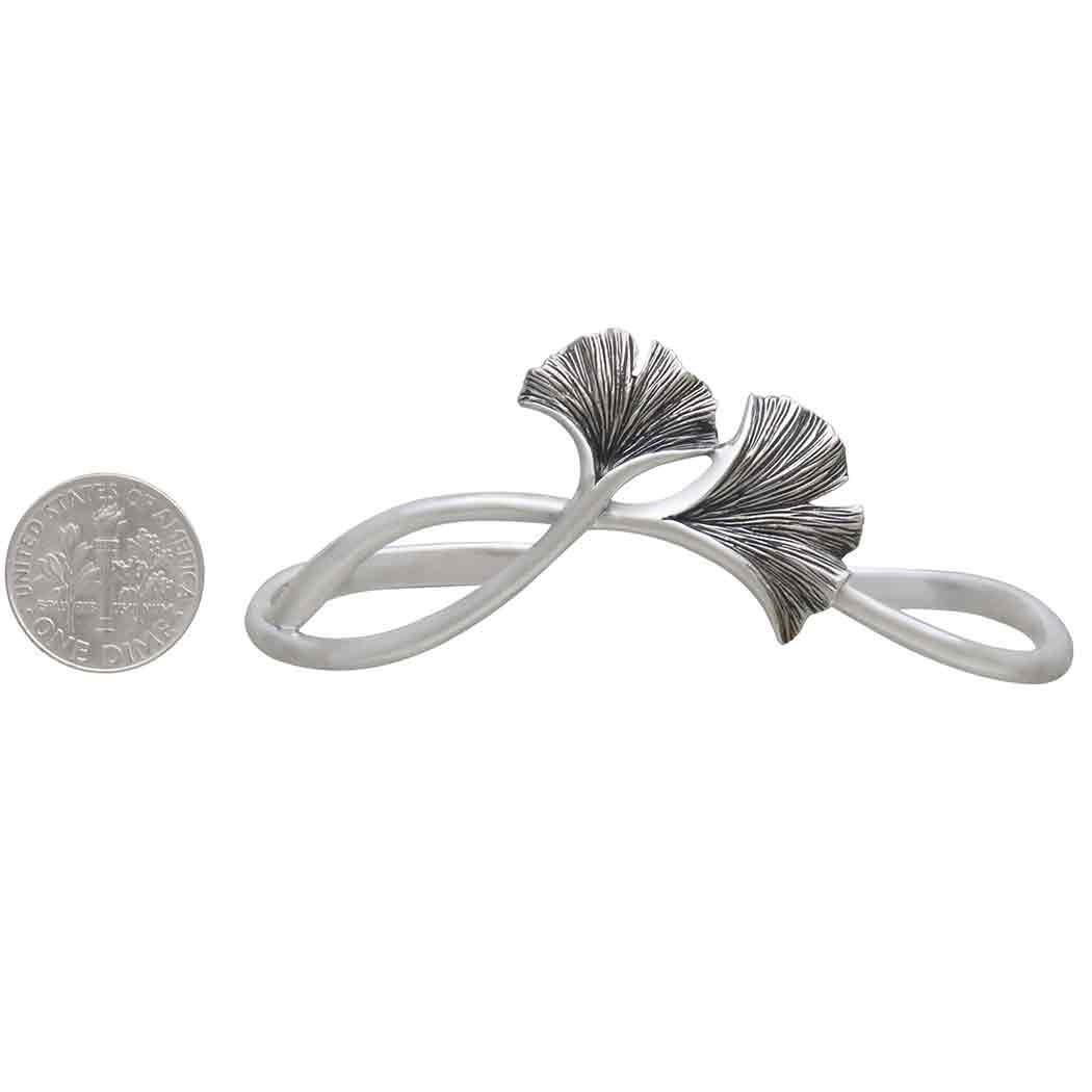 Sterling Silver Ginkgo Leaf Bracelet: Adjustable Open Cuff