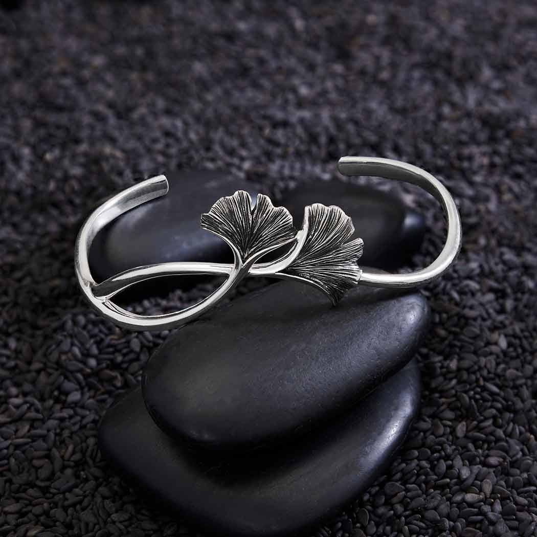 Sterling Silver Ginkgo Leaf Bracelet: Adjustable Open Cuff