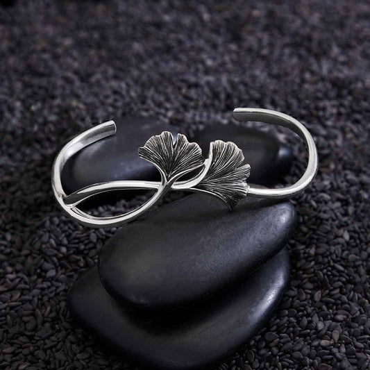 Sterling Silver Ginkgo Leaf Bracelet: Adjustable Open Cuff