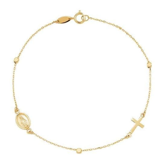 14K Yellow Gold Religious Medal Station Bracelet,  7-1/4"