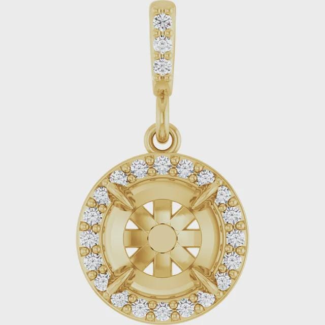 14K Gold Diamond Halo Pendant Mounting - 6.5mm Stone Setting
