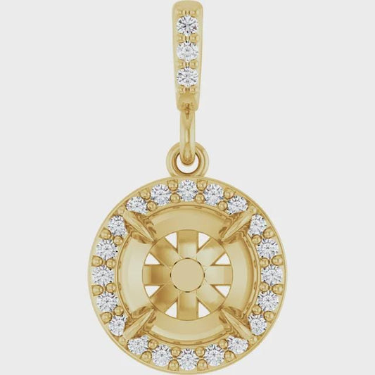 14K Gold Diamond Halo Pendant Mounting - 6.5mm Stone Setting