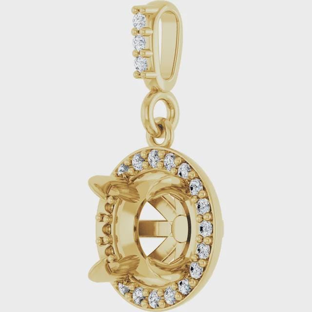 14K Gold Diamond Halo Pendant Mounting - 6.5mm Stone Setting