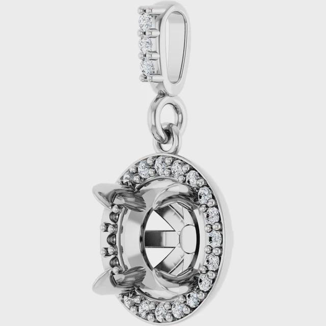 14K Gold Diamond Halo Pendant Mounting - 6.5mm Stone Setting