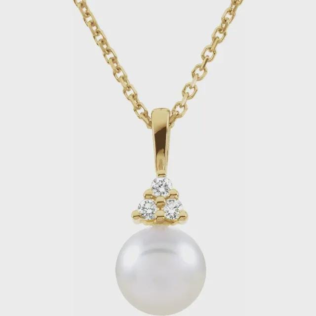 14K Yellow Cultured White Akoya Pearl & .05 CTW Natural Diamond Necklace
