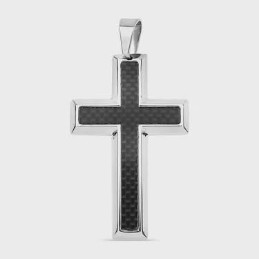 Stainless Steel Black Carbon Fiber Cross Pendant 47mm X 30mm