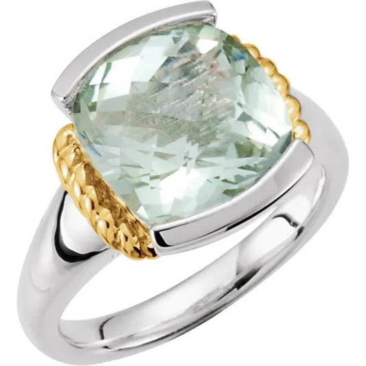 Sterling Silver & 14K Yellow Natural Green Quartz Ring, free custom size