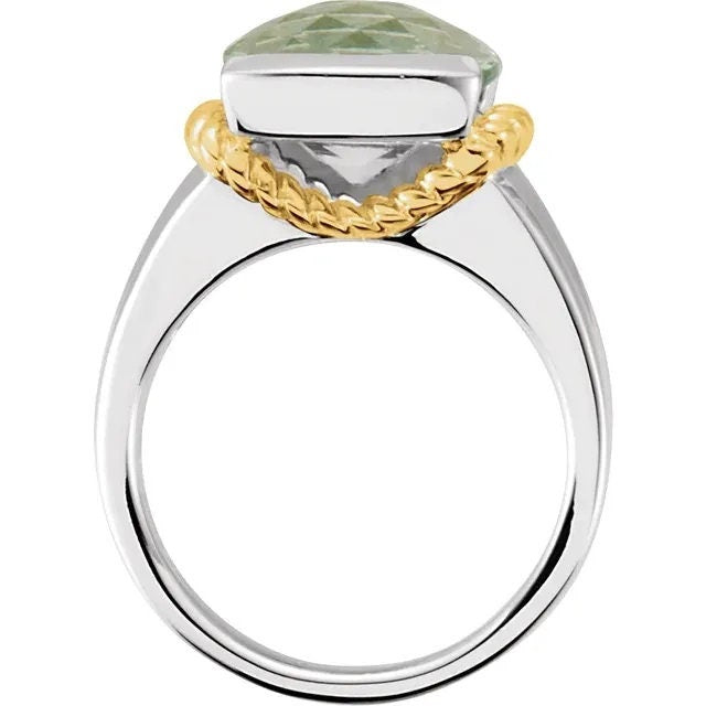 Sterling Silver & 14K Yellow Natural Green Quartz Ring, free custom size