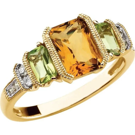 Citrine, Peridot & Diamond Accented Granulated Design Ring, custom sized to your finger