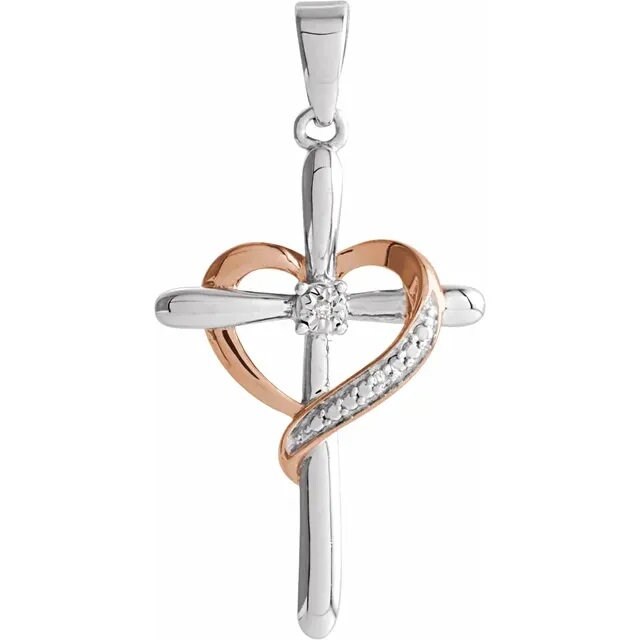 Sterling Silver 31x15.7 mm Diamond Heart Cross Pendant