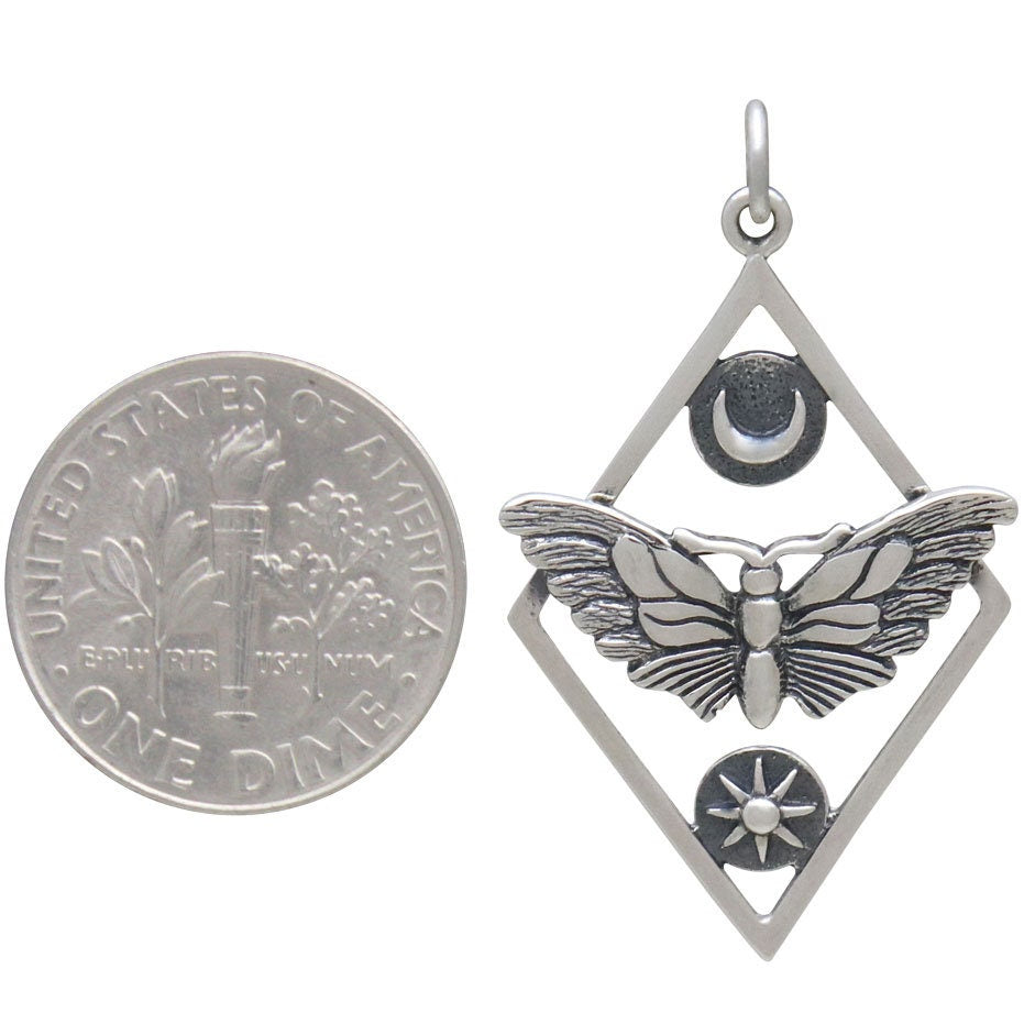 Silver Geometric Moth Charm with Sun and Moon 35x21mm