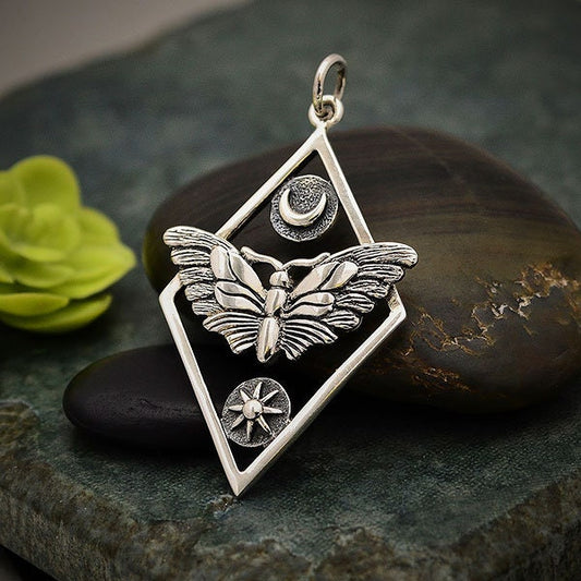 Silver Geometric Moth Charm with Sun and Moon 35x21mm