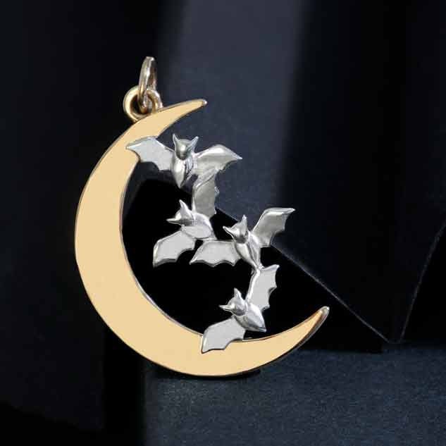 Bronze Moon and Charm w/ Sterling Silver Flying Bats 29x18mm