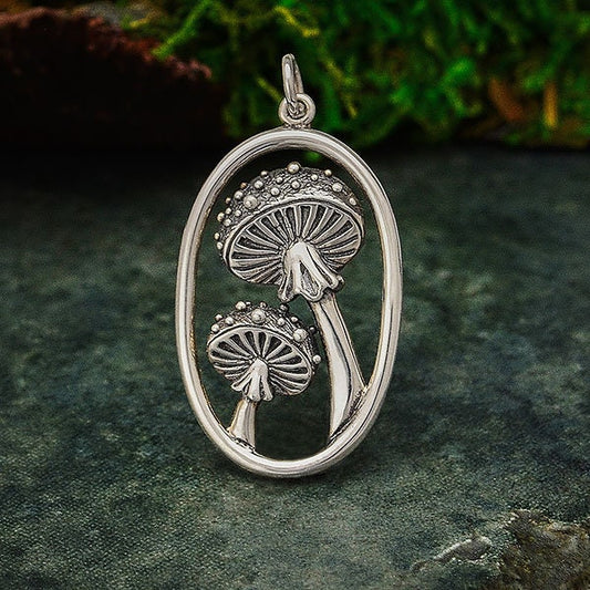 Sterling Silver Agaric Mushrooms Pendant in Oval 33x17mm