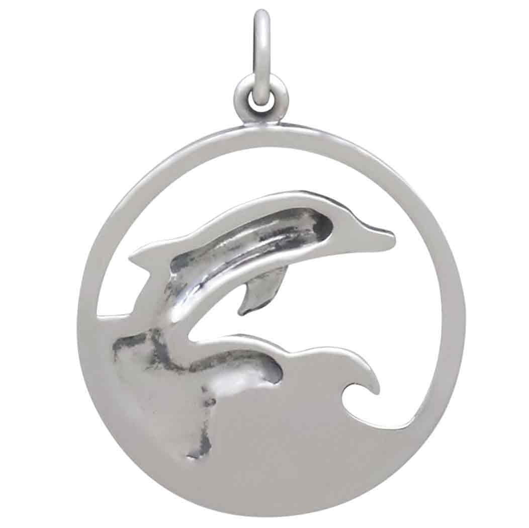 Sterling Silver Dolphin Jumpring in Waves Pendant 26x20mm