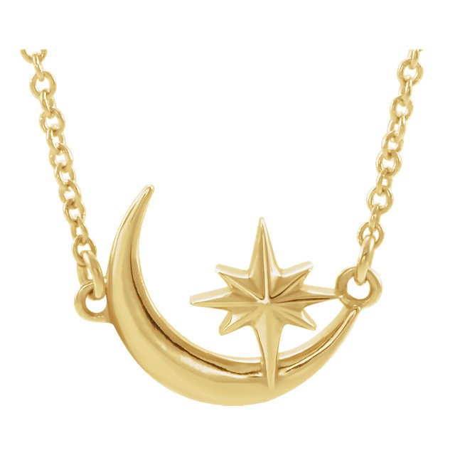 14K Yellow, Rose or White Gold Crescent Moon & Star Necklace Center or w/ Chain