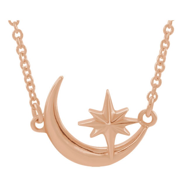 14K Yellow, Rose or White Gold Crescent Moon & Star Necklace Center or w/ Chain