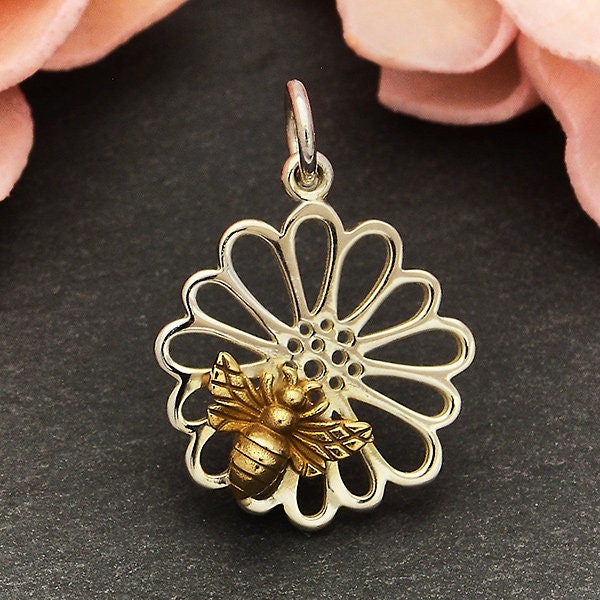 Sterling Silver Daisy Charm with Bronze Bee