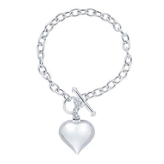 925 Sterling Silver 5.2mm Cable Chain Toggle Bracelet with Puff Heart Charm