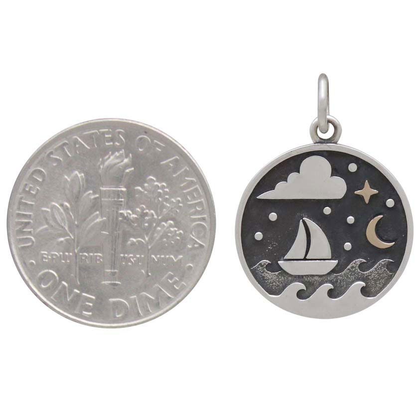 Silver Sailboat Charm with Bronze Star and Moon 21x15mm