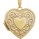 14K Gold Heart Shaped Engravable Filigree Locket Pendant - Yellow, Rose, or White Gold