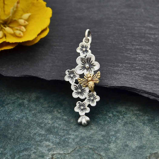 Silver Cherry Blossom Cluster Charm with Bronze Bee 33x12mm