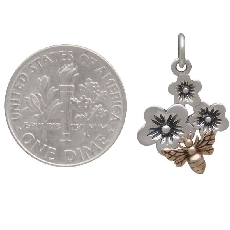 Silver Triple Cherry Blossom Charm with Bronze Bee 21x13mm