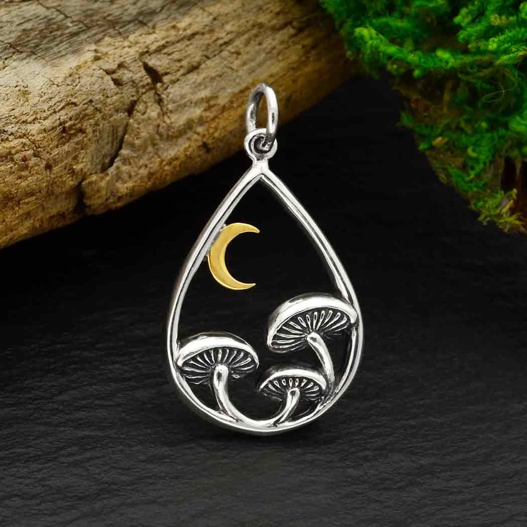 Silver Mushrooms in Teardrop with Bronze Moon 26x15mm