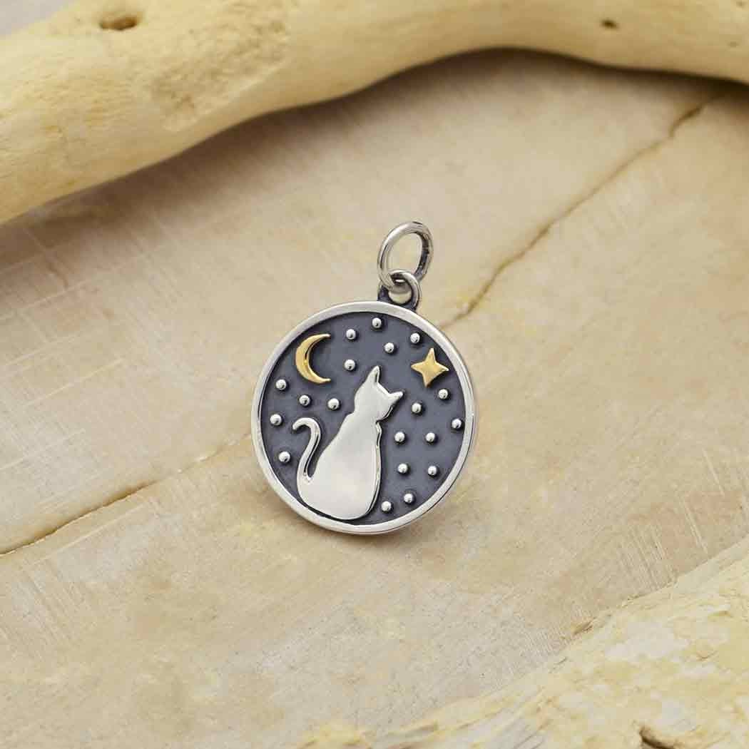 Silver Gazing Kitty Charm with Bronze Star and Moon 21x15mm