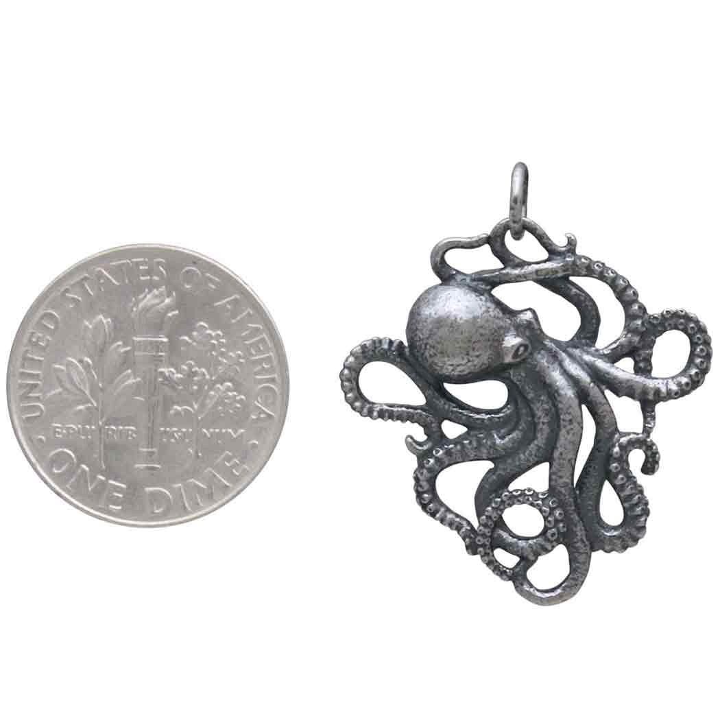 Sterling Silver Detailed Octopus Charm 28x24mm