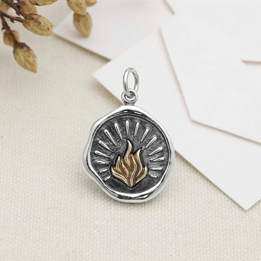 Sterling Silver Wax Seal Charm with Bronze Fire 22x15mm