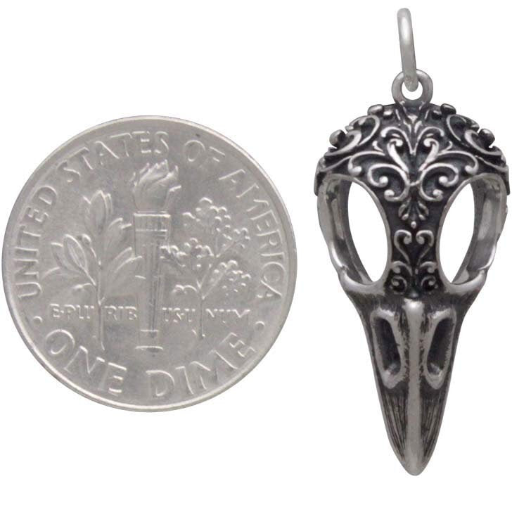 Silver Raven Skull Charm with Scroll Carving 28x11mm