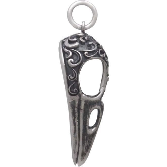 Silver Raven Skull Charm with Scroll Carving 28x11mm