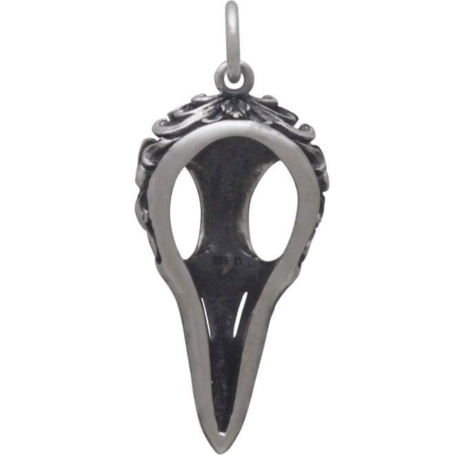 Silver Raven Skull Charm with Scroll Carving 28x11mm