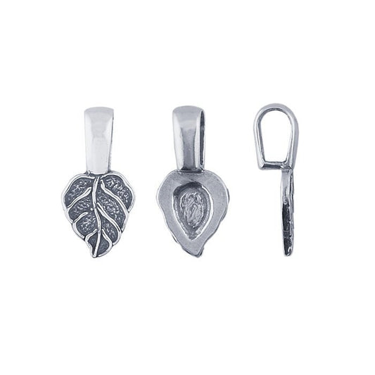 1-Sterling Silver Glue-On Leaf Pendant Bail, Dimensions: 18.25 x 8.8mm